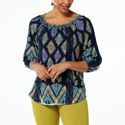 "As Is" Antthony Printed Challis Crochet-Trim Top