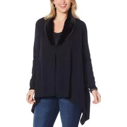 "As Is" Colleen Lopez Draped Cardigan With Faux Fur Collar