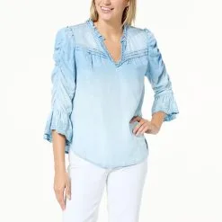 "As Is" Democracy 3/4 Ruched Sleeve Woven Ruffled Edge Top