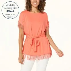 "As Is" DG2 By Diane Gilman Fringe Trim Top With Self Fabric Tie 8 "As Is" DG2 By Diane Gilman Fringe Trim Top With Self Fabric Tie -Dresses Shop as is dg2 by diane gilman fringe trim top with self fab d 20230412124420917845945 alt11