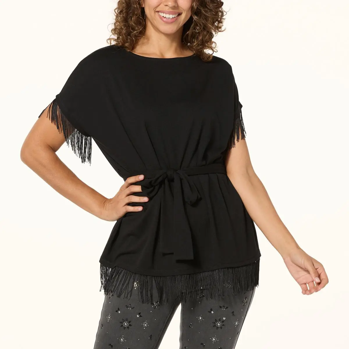 "As Is" DG2 By Diane Gilman Fringe Trim Top With Self Fabric Tie 2 "As Is" DG2 By Diane Gilman Fringe Trim Top With Self Fabric Tie