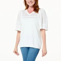 "As Is" DG2 By Diane Gilman Organic Cotton Crocheted Yoke Sweater