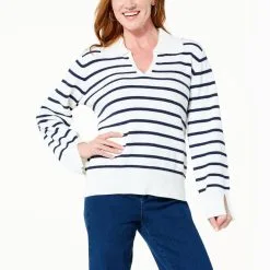 "As Is" DG2 By Diane Gilman Striped Organic Cotton Collared Pullover