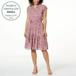 Democracy Flutter-Sleeve Button-Down Printed Dress -Dresses Shop democracy flutter sleeve button down printed dress d 2023042114214772827704 alt11