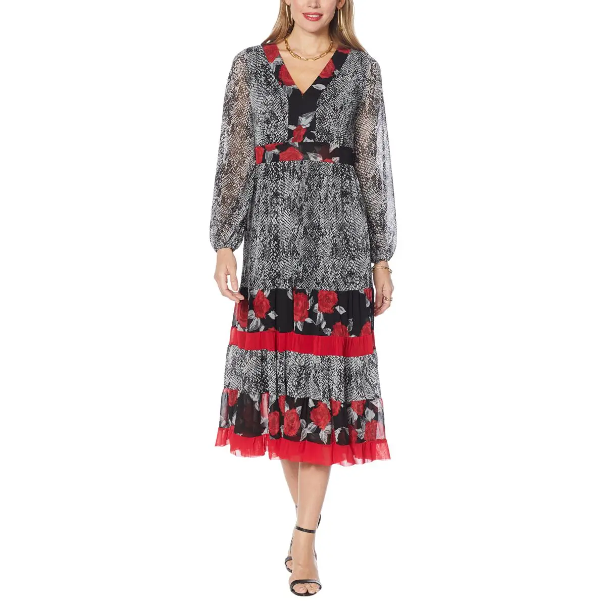 IMAN Global Chic Mixed Print Tiered Mesh Midi Statement Dress 3 IMAN Global Chic Mixed Print Tiered Mesh Midi Statement Dress