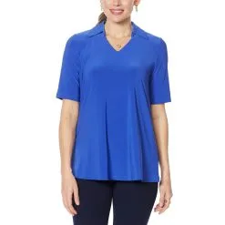 Nina Leonard Collared V-Neck Top With Elbow Sleeves