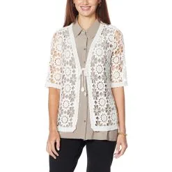 Nina Leonard Crochet Floral Lace Tie-Front Bolero