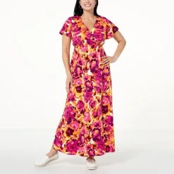 Nina Leonard Flutter Sleeve Surplice Maxi Dress
