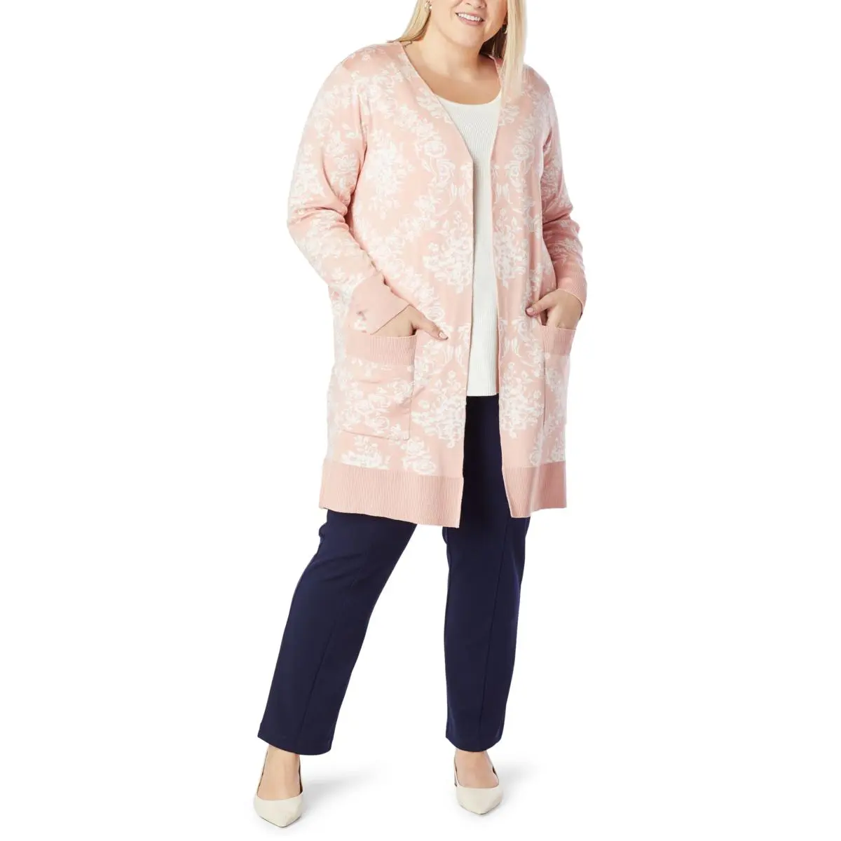 Nina Leonard Jacquard Open-Front Cardigan With Pockets 4 Nina Leonard Jacquard Open-Front Cardigan With Pockets - Image 2